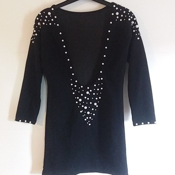 Women's Backless Mini Dress With Beaded Trim/Faux Pearls - Black - Size Small - Picture 4 of 16